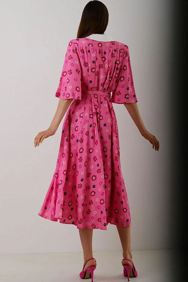French Spread Collar Short Sleeve Button Down Floral Midi Dress - Black - Image 3