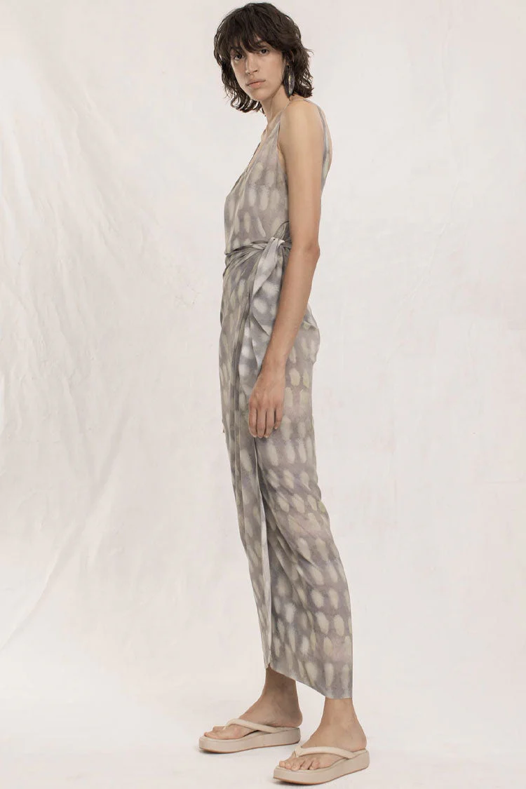 French Style Shell Printed Tie Side Sleeveless Silk Maxi Dress - Purple Gray - Image 2
