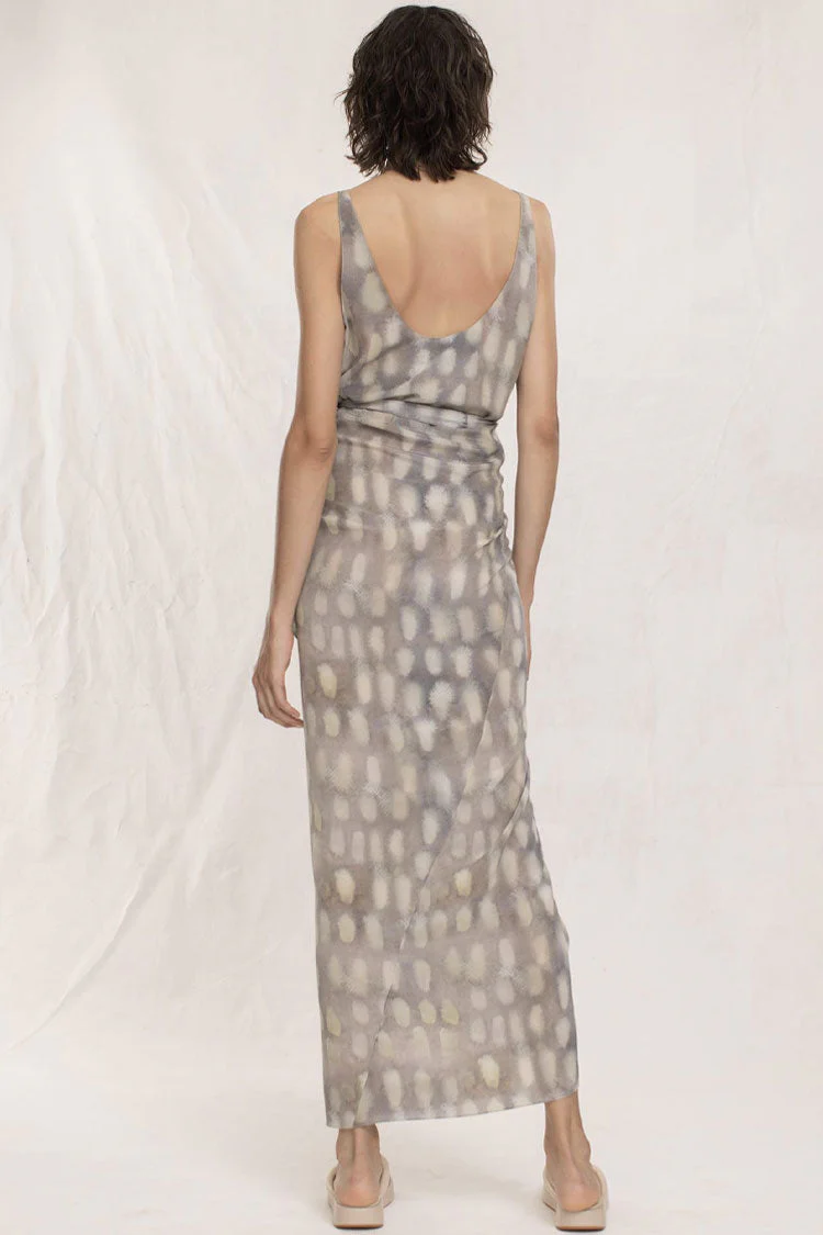 French Style Shell Printed Tie Side Sleeveless Silk Maxi Dress - Purple Gray - Image 3