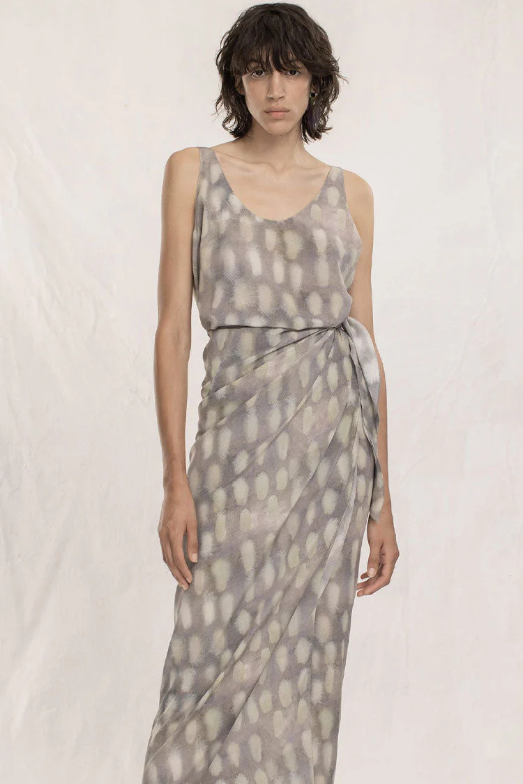French Style Shell Printed Tie Side Sleeveless Silk Maxi Dress - Purple Gray - Image 4