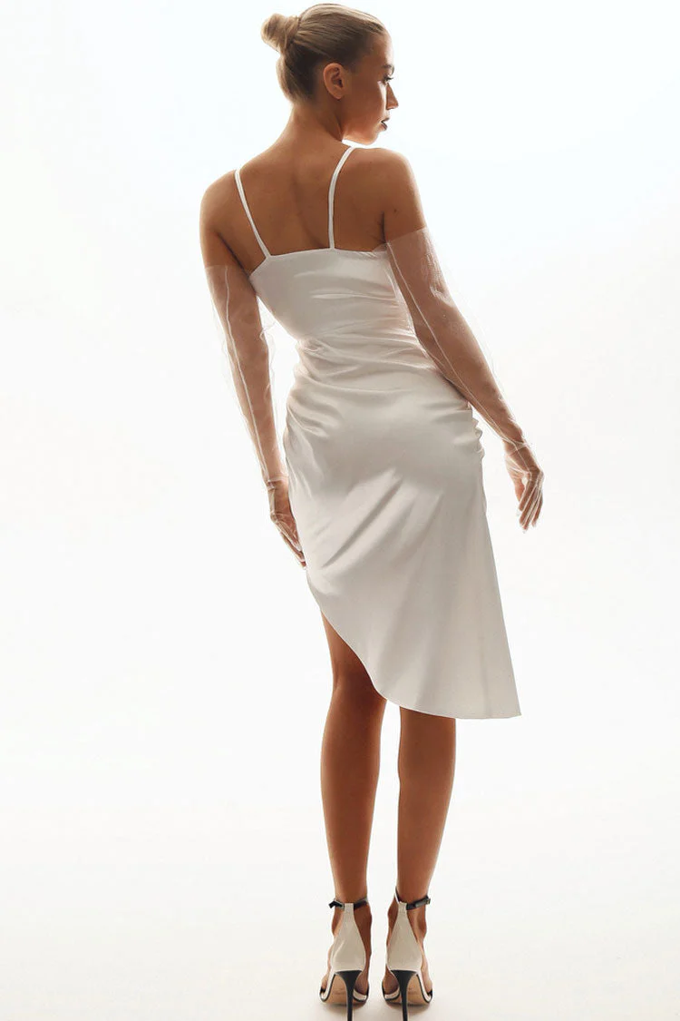 French Style Wrap V Neck High Slit Draped Slip Midi Dress - White - Image 2