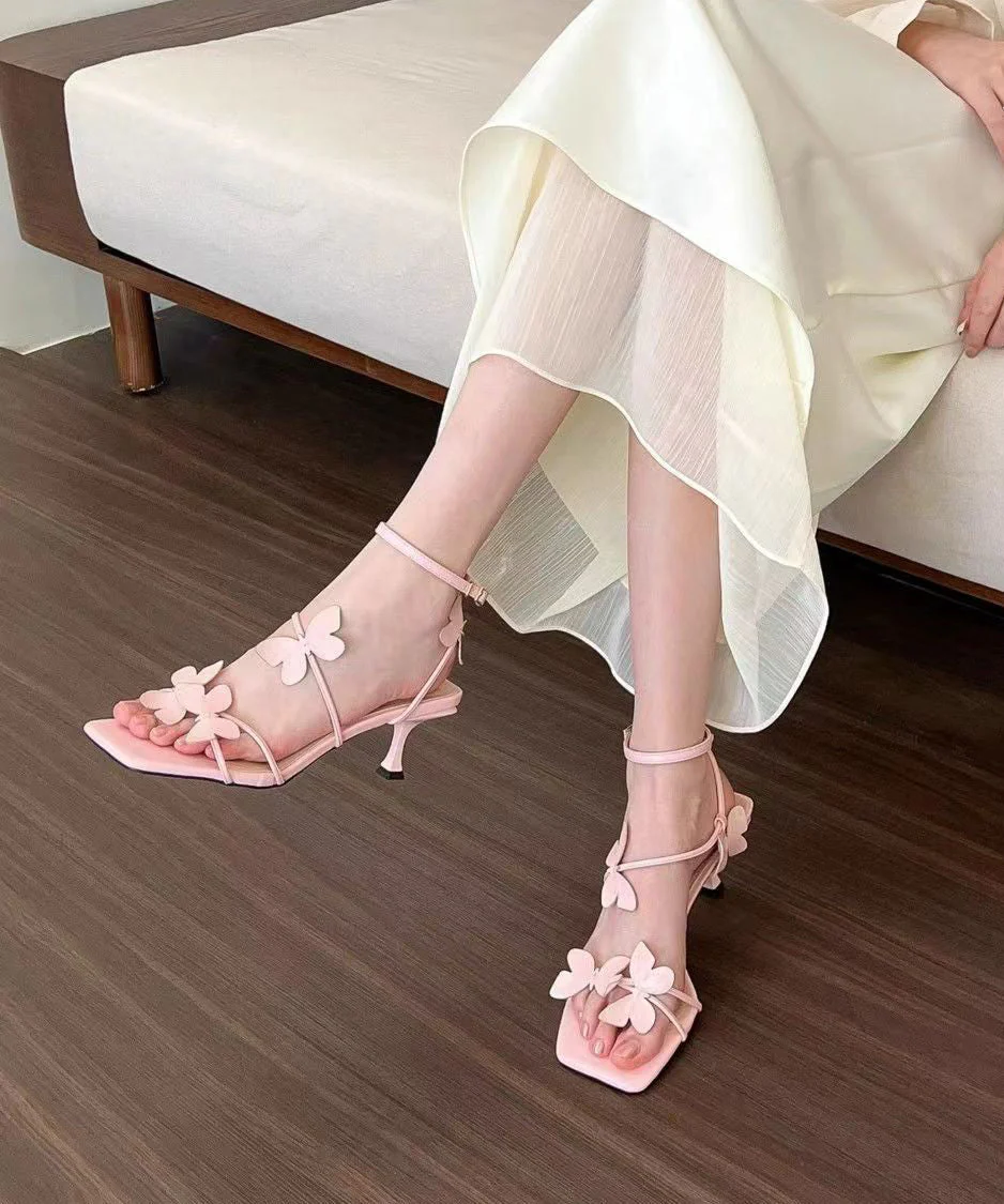 French White Butterfly Splicing Buckle Strap Stiletto Sandals Peep Toe - Image 5