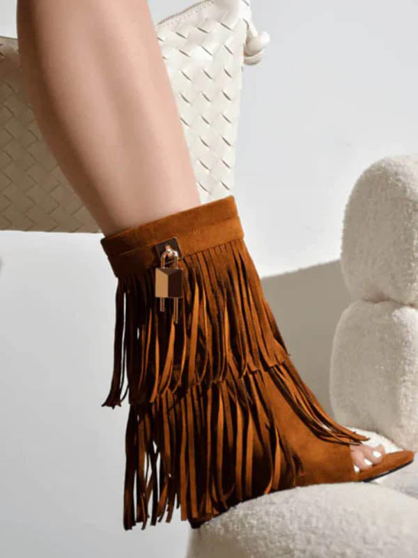 Fringe Open Toe Suede Boots - Image 9