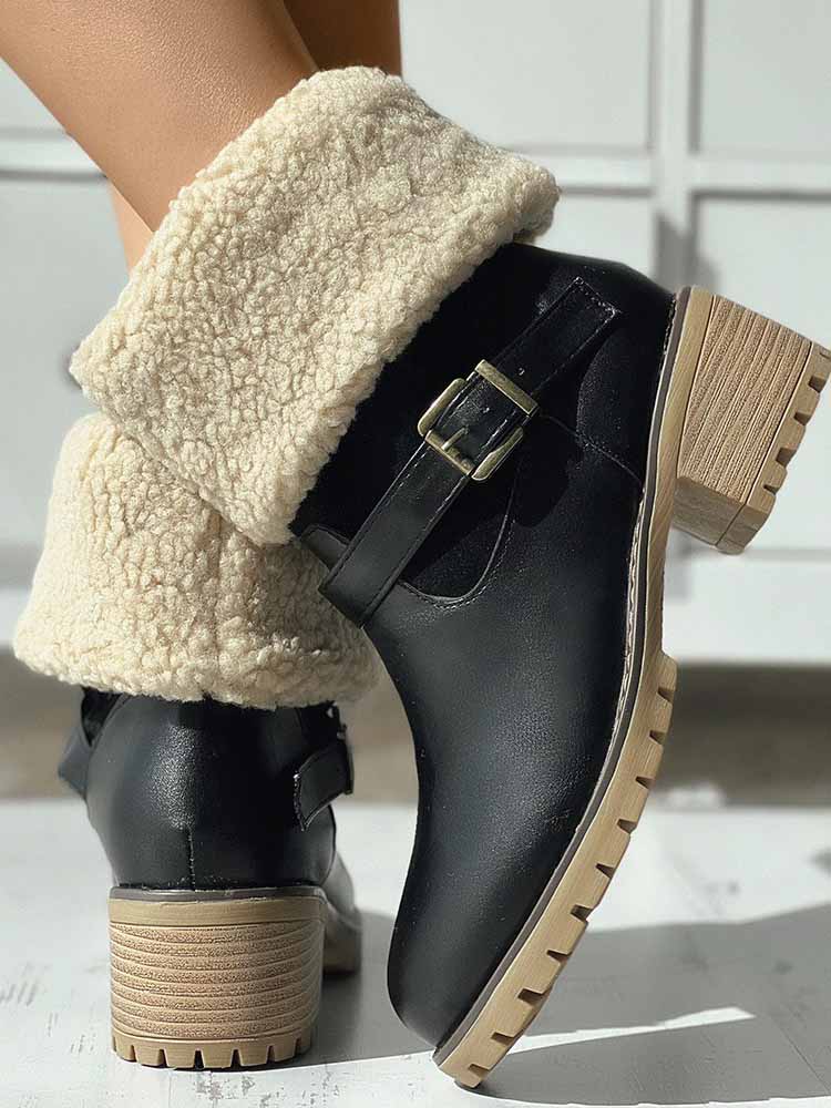 Furry Chunky Heel PU Ankle Boots - Image 2