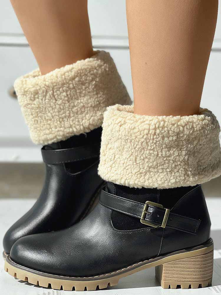 Furry Chunky Heel PU Ankle Boots - Image 3