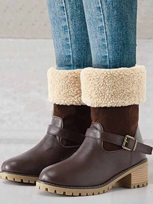 Furry Chunky Heel PU Ankle Boots - Image 4