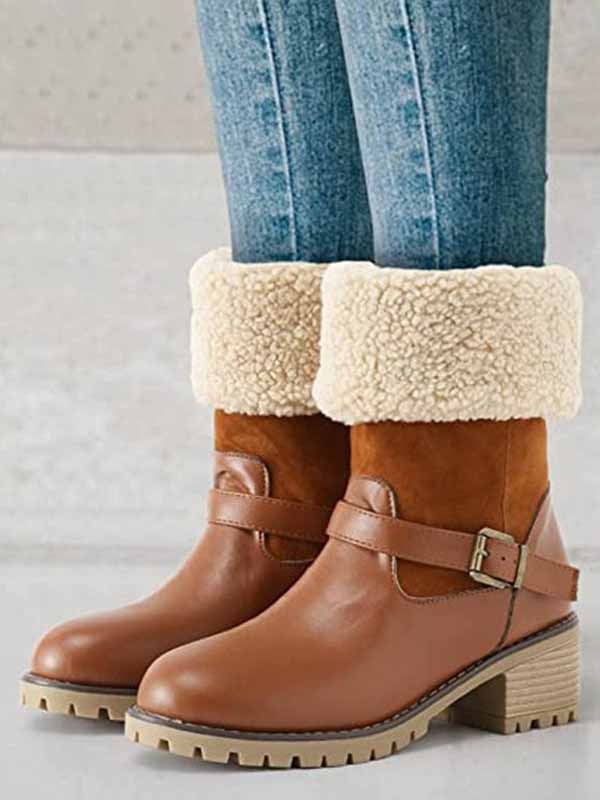 Furry Chunky Heel PU Ankle Boots - Image 5