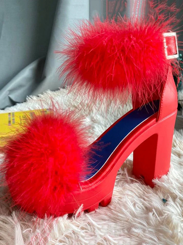 Furry Chunky Heel Sandal - Image 11
