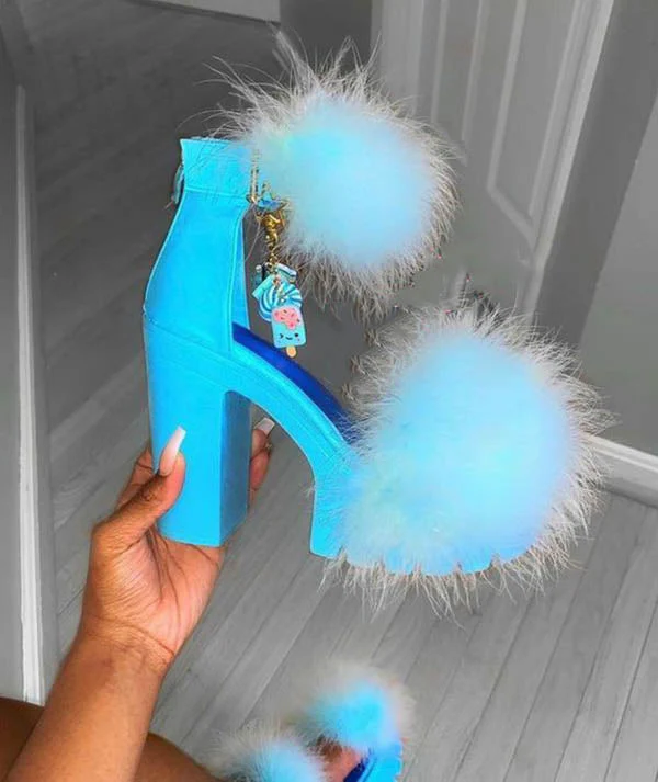 Furry Chunky Heel Sandal - Image 8