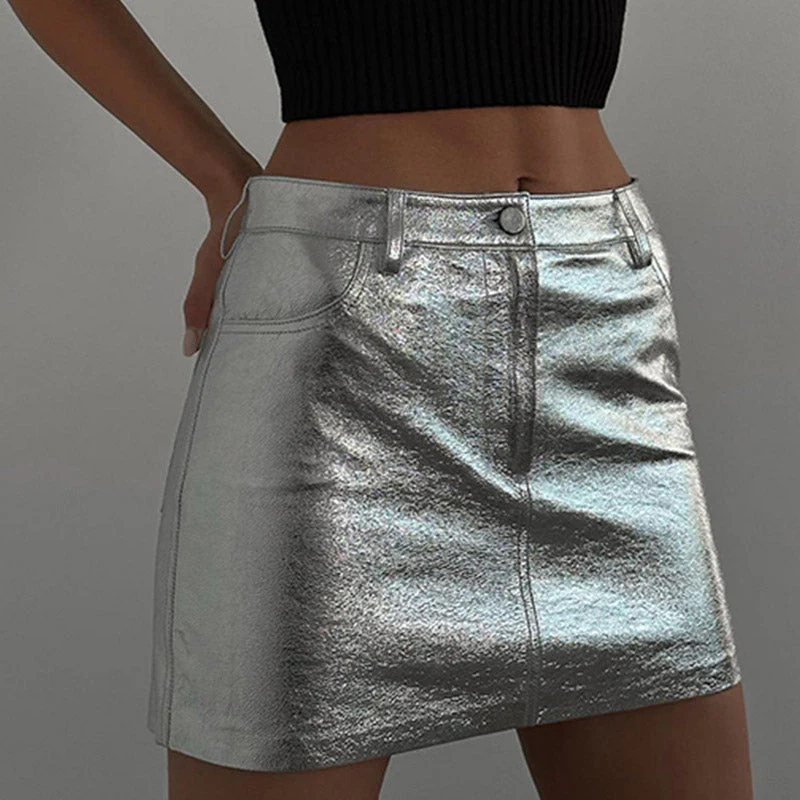 Futuristic Effect Single Button High Waist Bodycon Mini Skirt - Silver