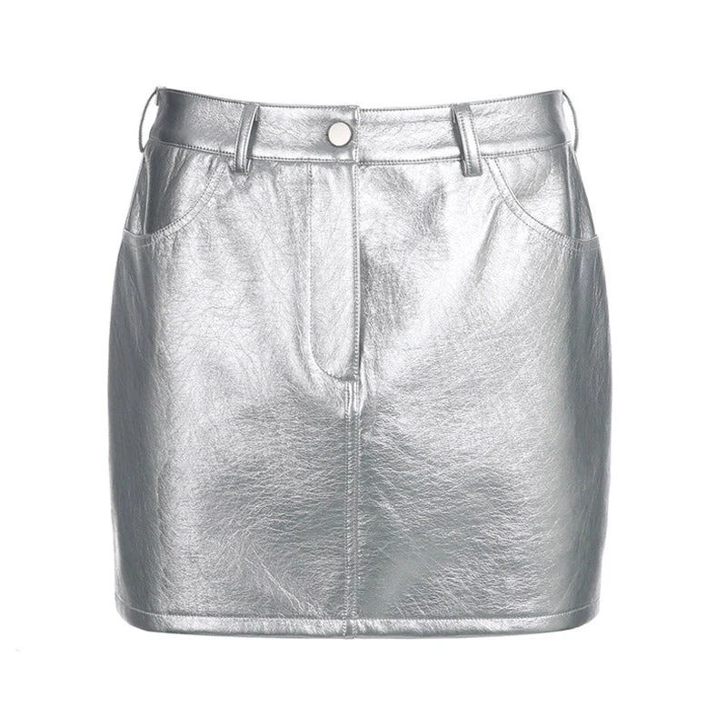 Futuristic Effect Single Button High Waist Bodycon Mini Skirt - Silver - Image 3