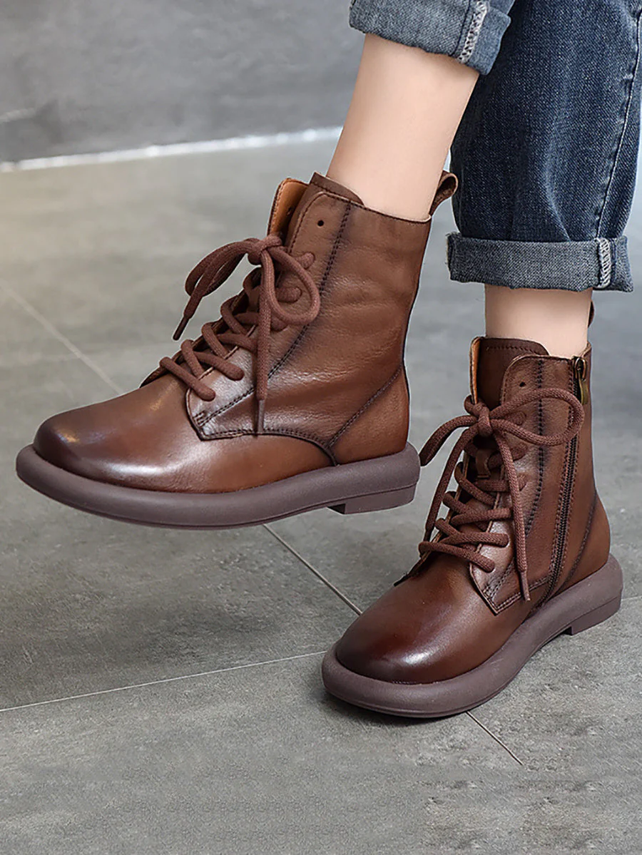 Genuine Leather Soft Zipper Mid Heel Martin Boots