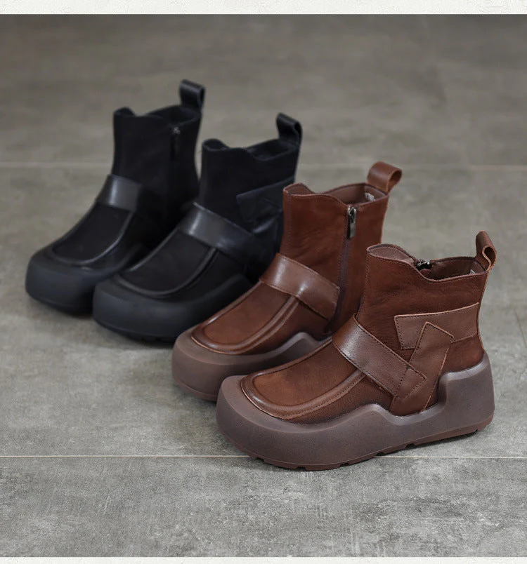 Genuine Leather Spliced Platform Boots - Image 2