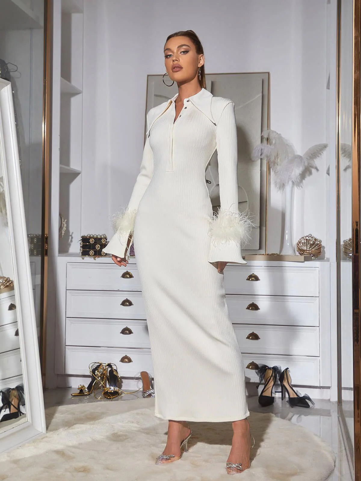 Ginger Long Sleeve Feather Bandage Dress - Image 4