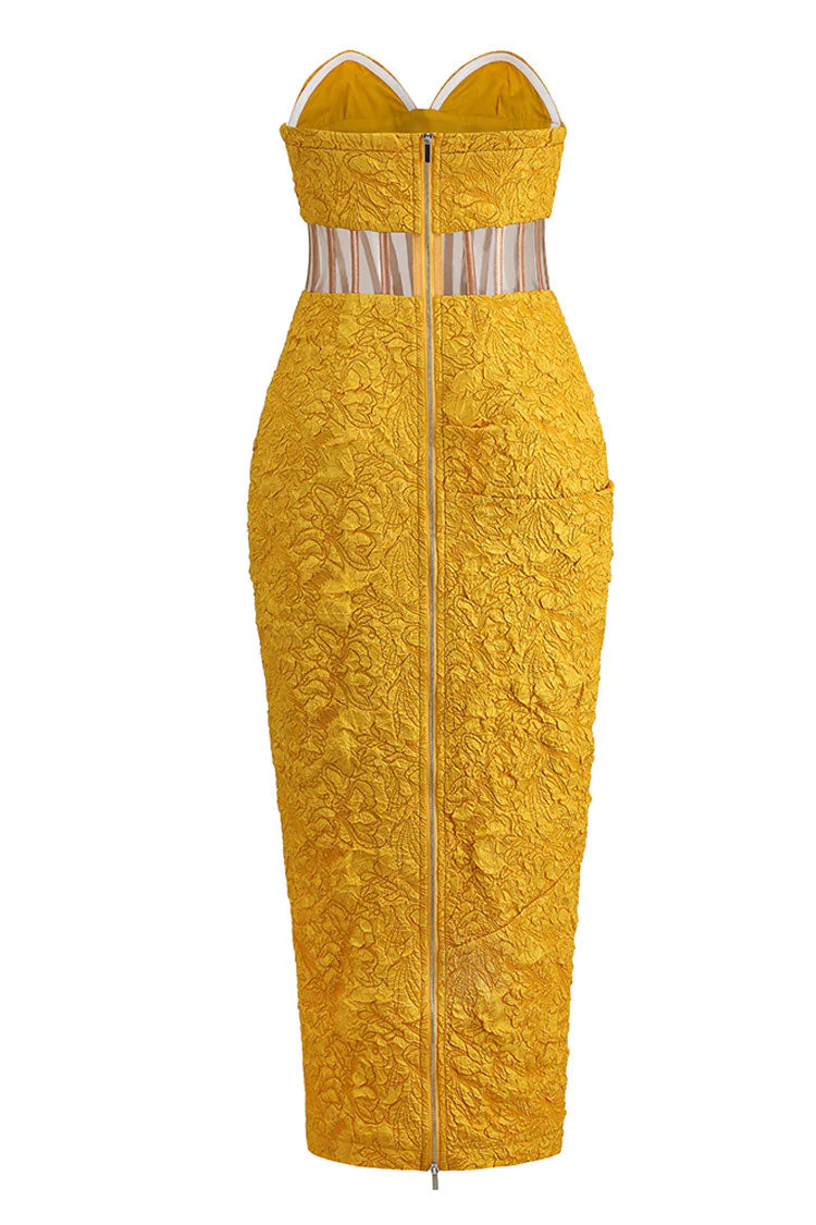 Glamorous Floral Jacquard Strapless Corset Cocktail Midi Dress - Yellow - Image 4