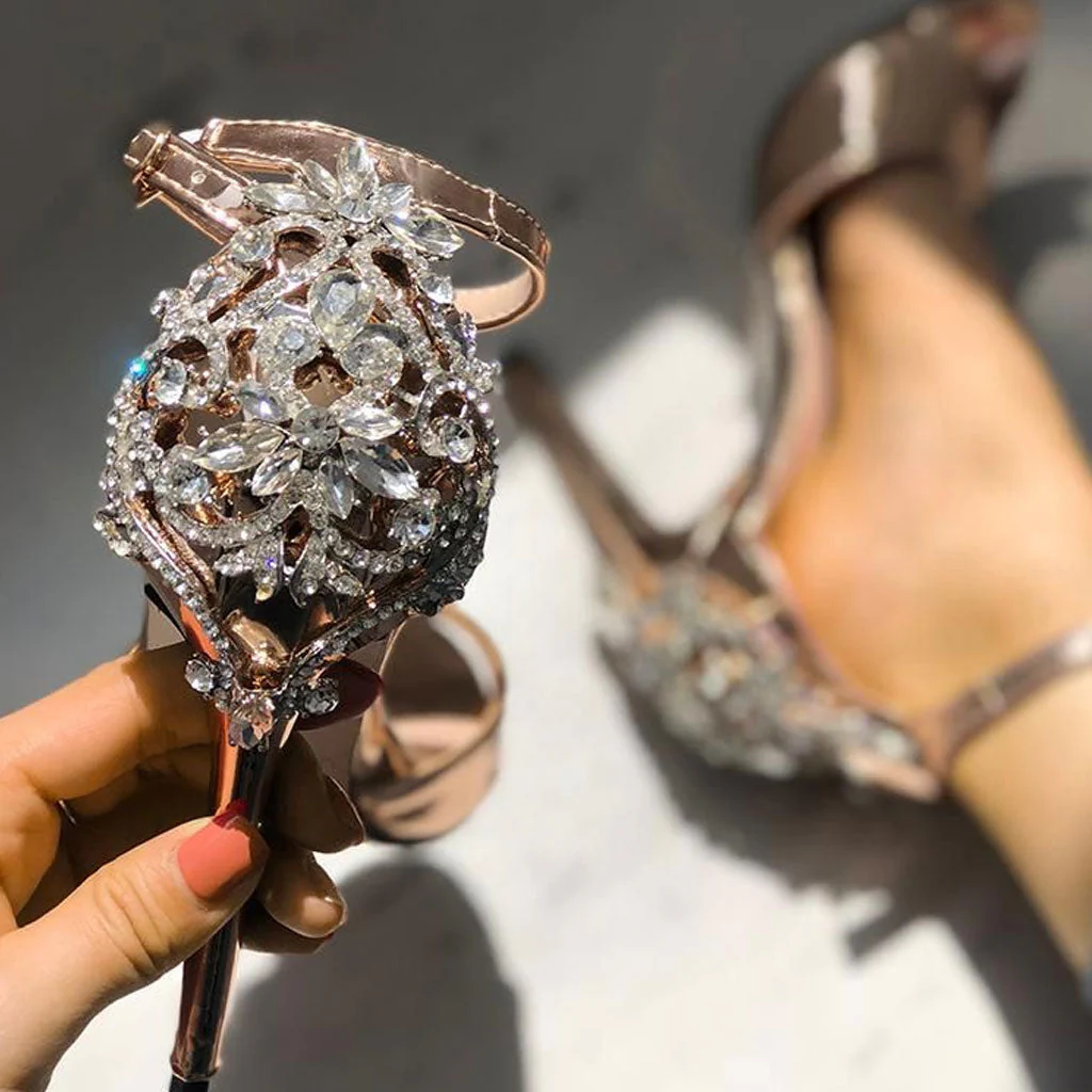 Gem Peep Toe Ankle Strap High Heel Sandals - Champagne - Image 2