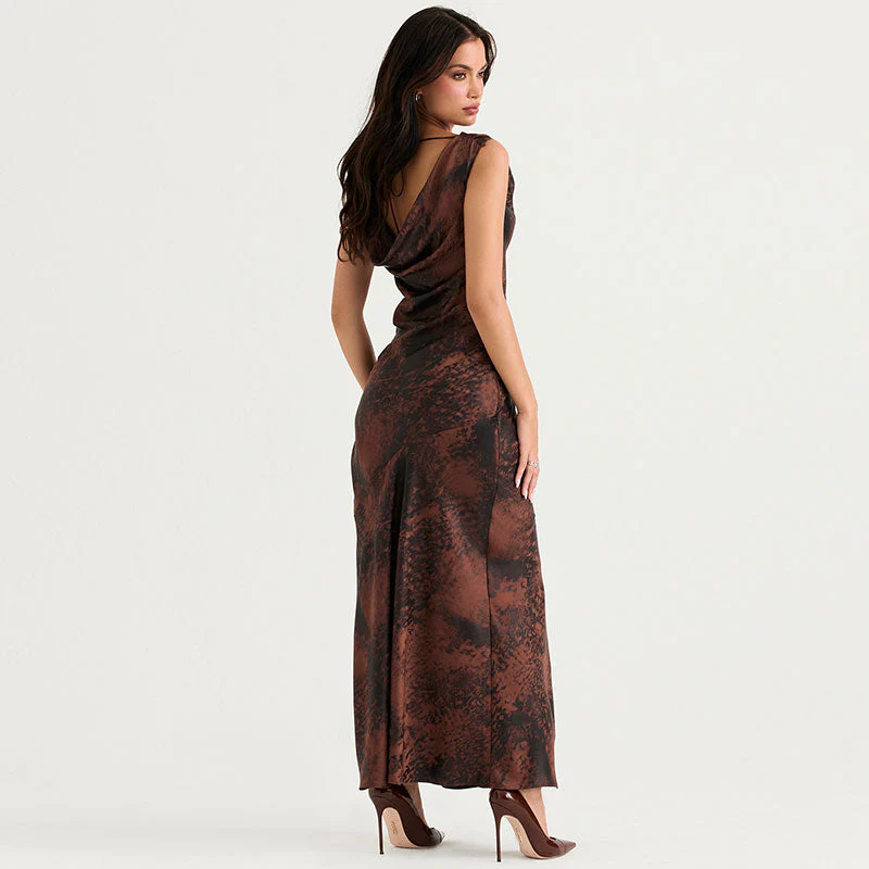 Abstract Print High Split Cowl Neck Sleeveless Maxi Dress - Brown - Image 3