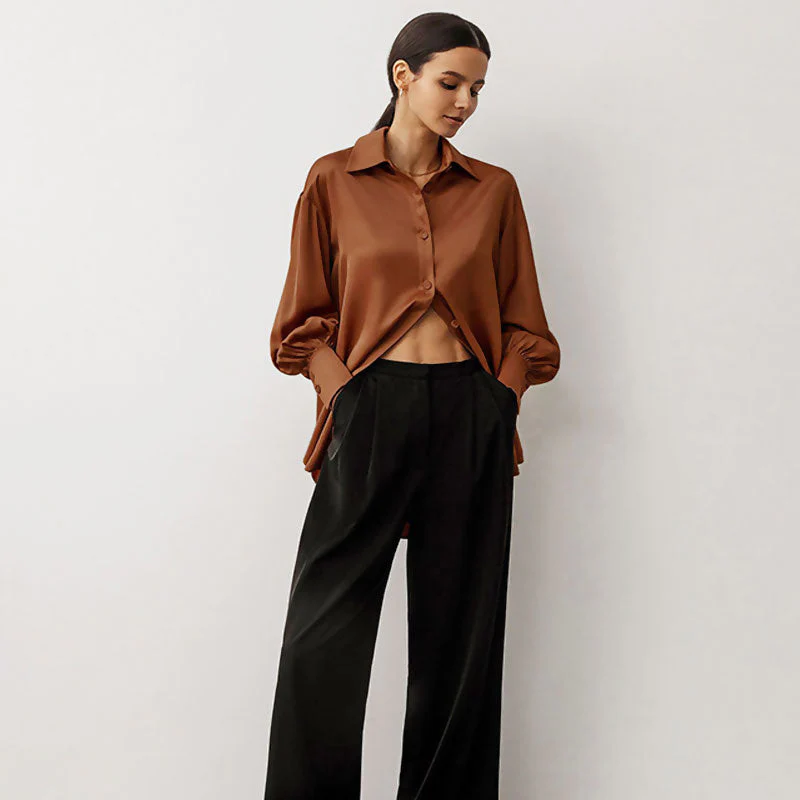 Button Up Drop Shoulder Bishop Sleeve Pointed Collar Shirt - Brown - Image 3
