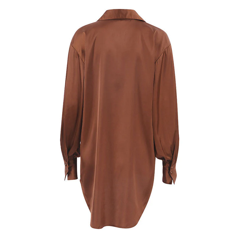 Button Up Drop Shoulder Bishop Sleeve Pointed Collar Shirt - Brown - Image 4
