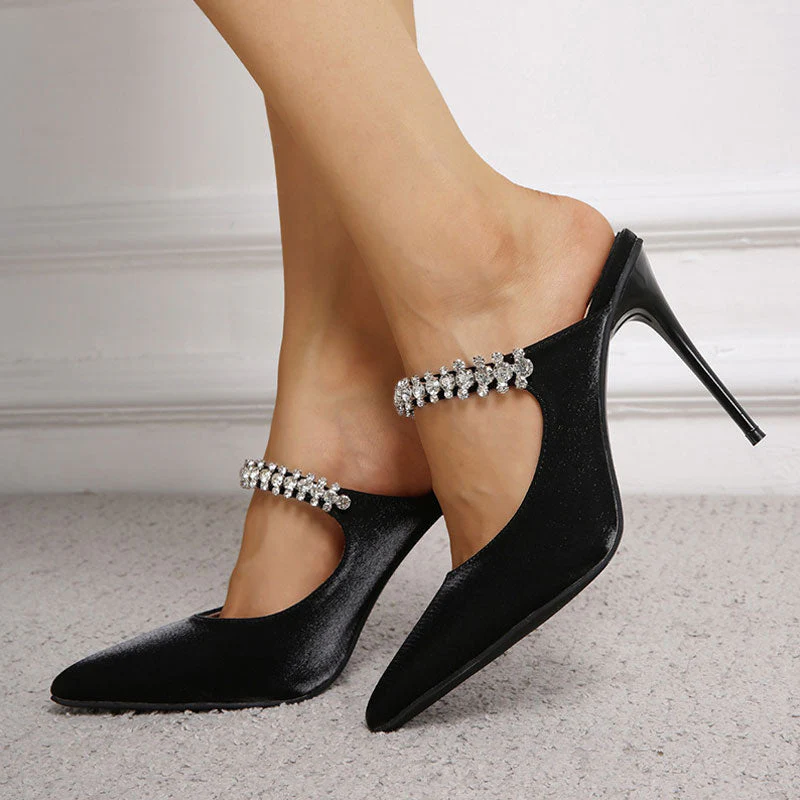 Crystal Embellished Strap Pointed Toe High Heel Pumps - Black - Image 3
