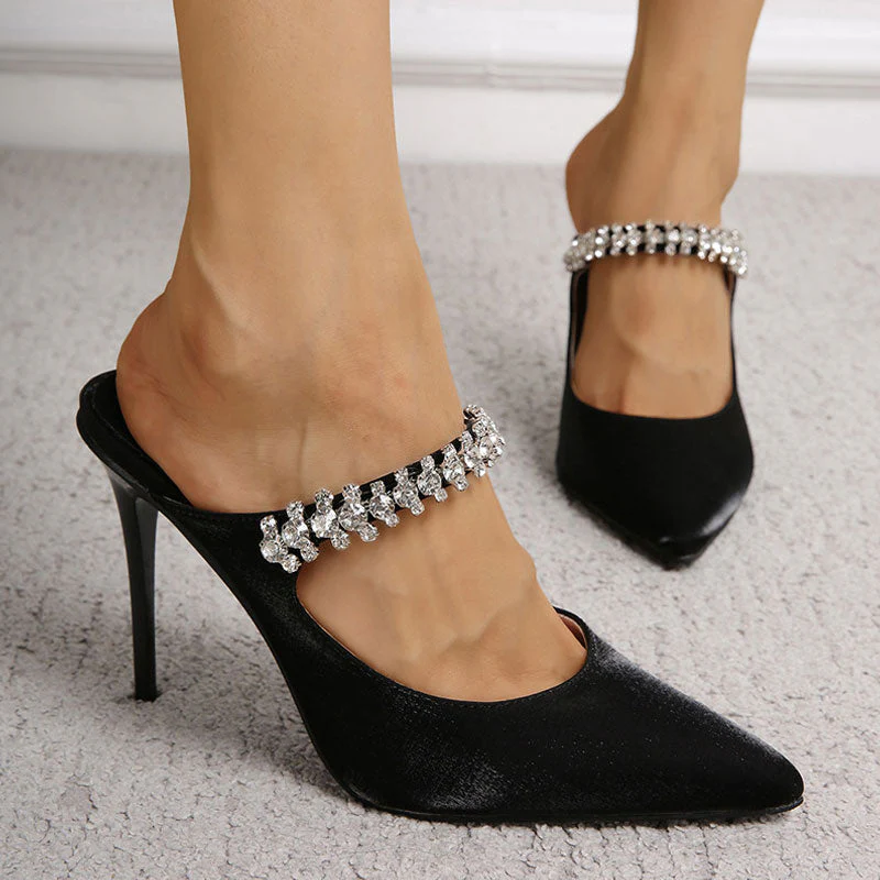 Crystal Embellished Strap Pointed Toe High Heel Pumps - Black - Image 4