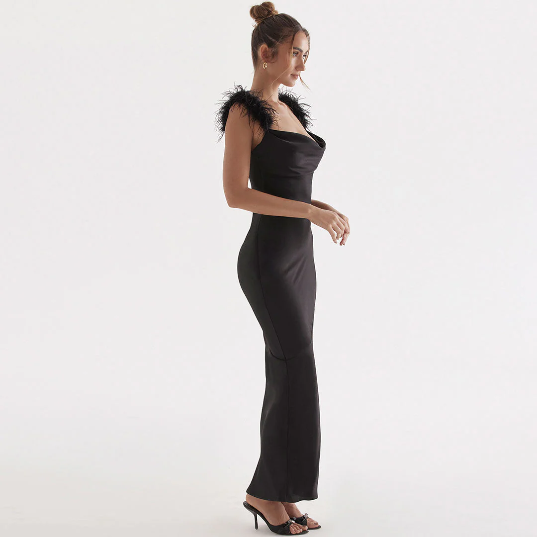 Faux Feather Trim Cowl Neck Sleeveless Gown Maxi Dress - Black - Image 2