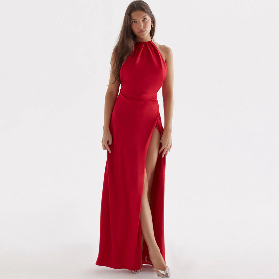 High Split Sleeveless Backless Evening Maxi Dress - Red