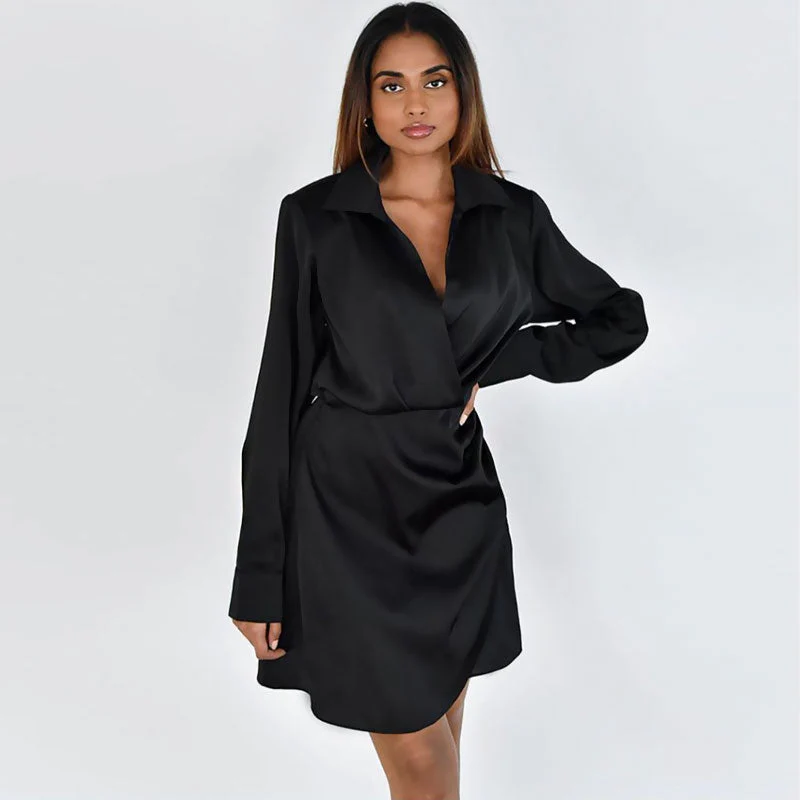 Ruched Spread Collar V Neck Long Sleeve Shirt Mini Dress - Black - Image 2