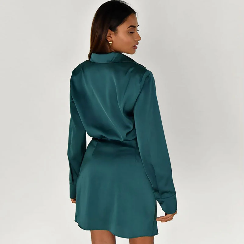 Ruched Spread Collar V Neck Long Sleeve Shirt Mini Dress - Teal Green - Image 2