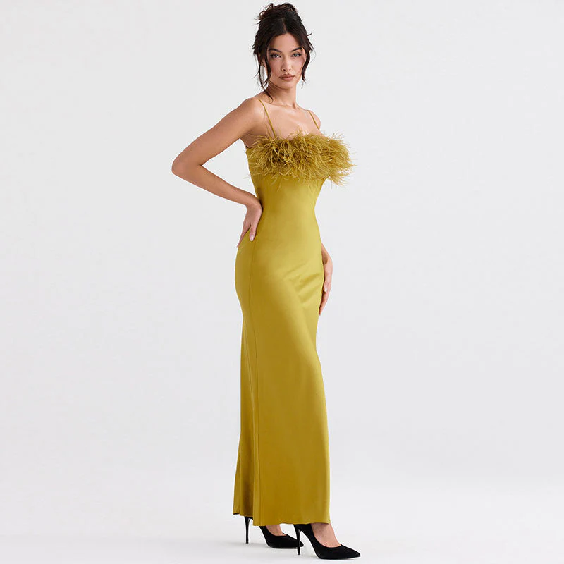 Solid Color Faux Feather Slip Evening Maxi Dress - Green - Image 2