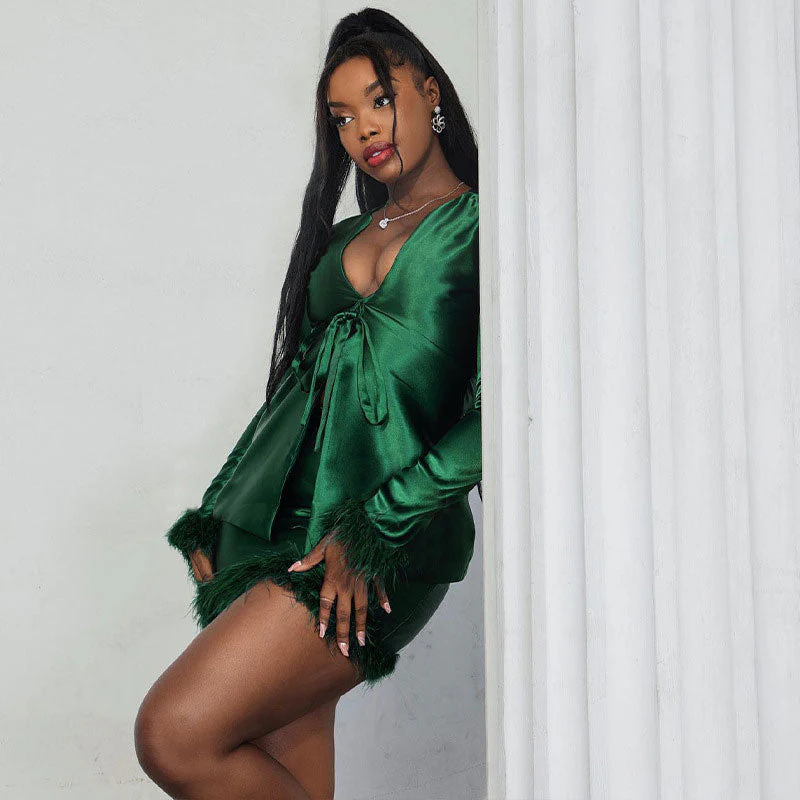 Glossy Tie Front Top Bodycon Mini Skirt Matching Set - Emerald Green - Image 2