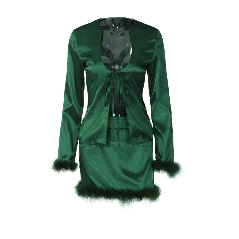 Glossy Tie Front Top Bodycon Mini Skirt Matching Set - Emerald Green - Image 3