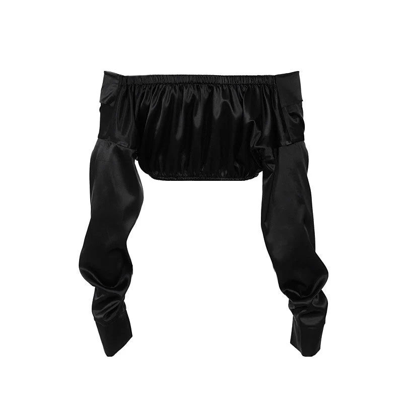 Off Shoulder Long Sleeve Crop Top - Black - Image 3