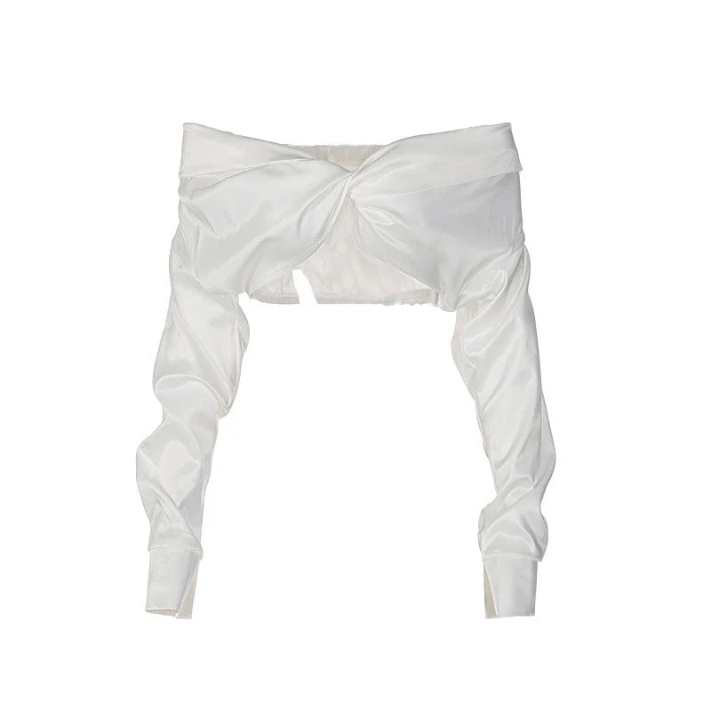Off Shoulder Long Sleeve Crop Top - White - Image 2
