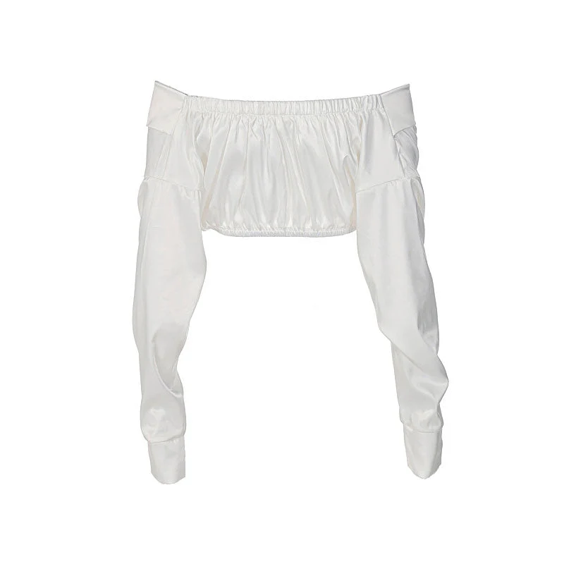 Off Shoulder Long Sleeve Crop Top - White - Image 3
