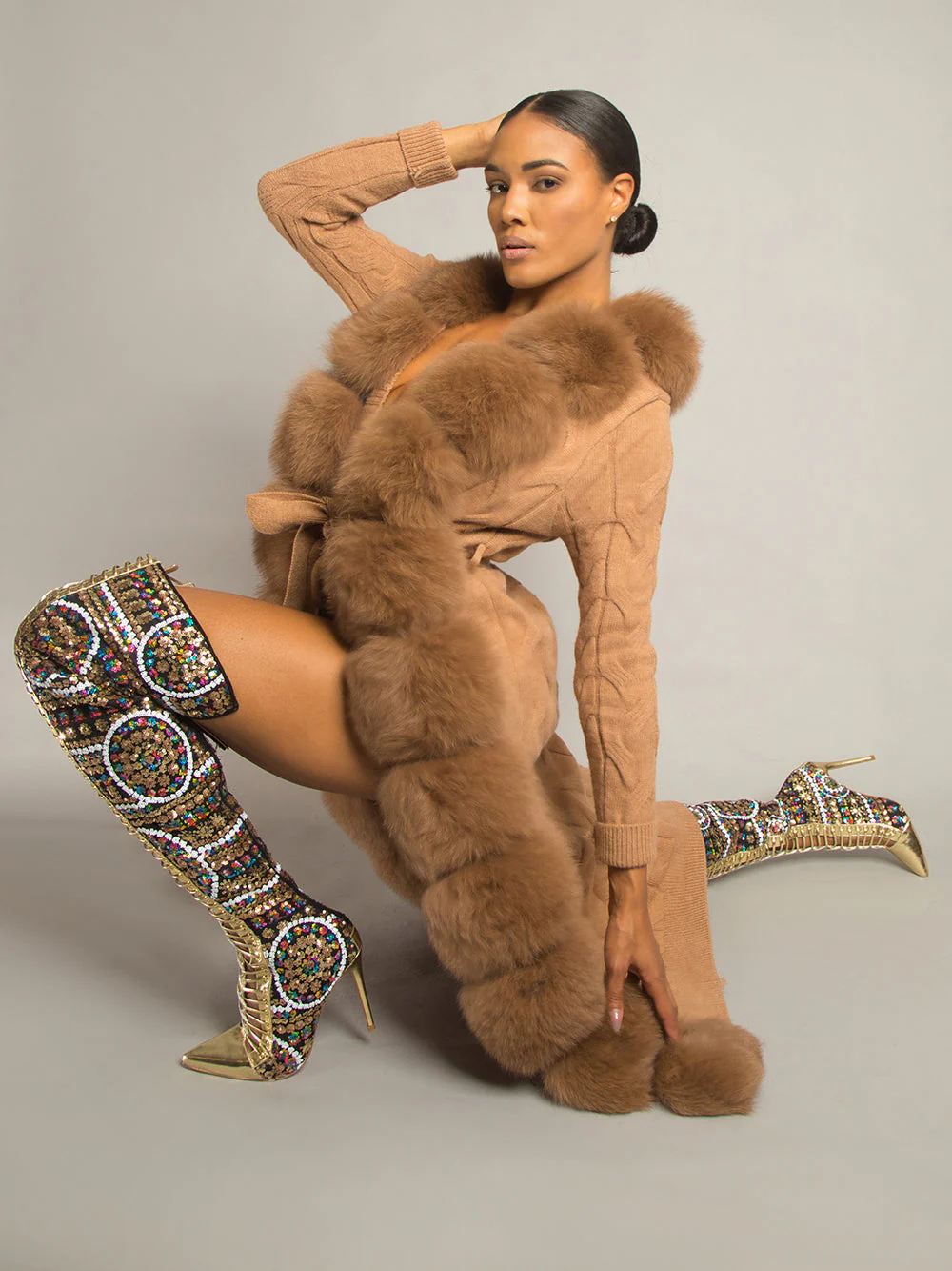 Gold Beaded Pointed Toe High Knee Heel Boots - Image 12
