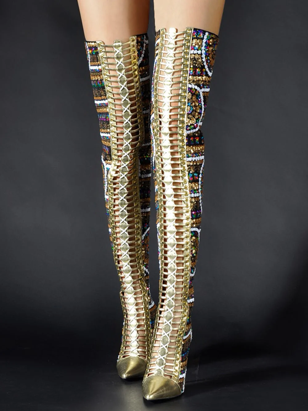 Gold Beaded Pointed Toe High Knee Heel Boots - Image 3