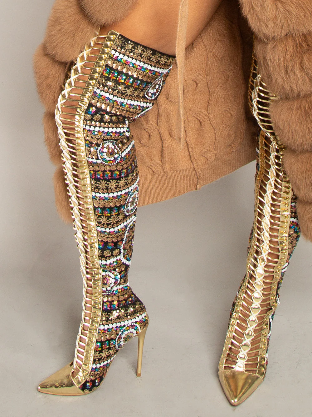 Gold Beaded Pointed Toe High Knee Heel Boots - Image 5