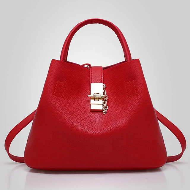 Gold Red Chain with Leather Handbag Lock and Faux - Image 7