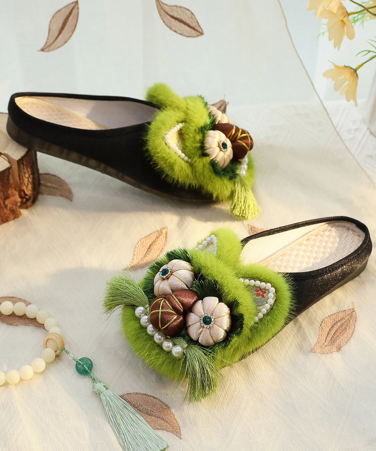 Green Chinese Style Cotton Fabric Slippers Shoes Nail Bead - Image 4