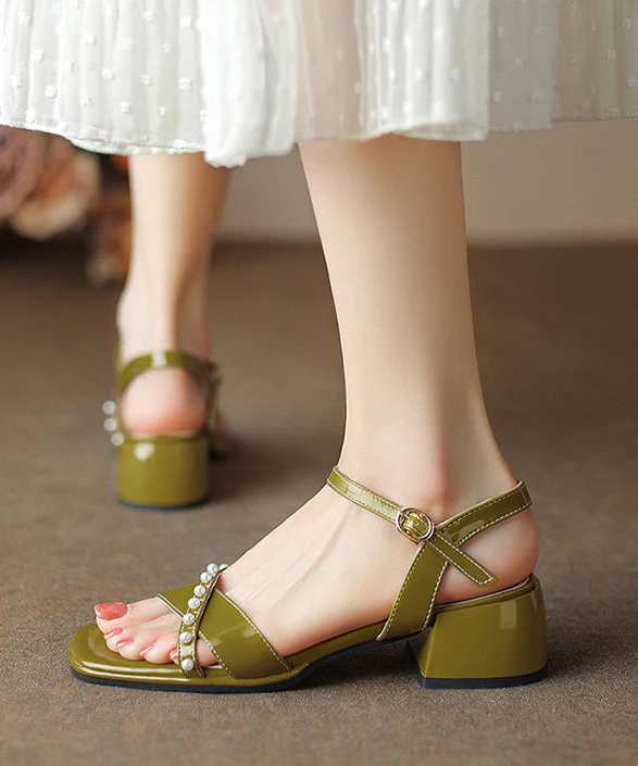 Green Chunky Heel Faux Leather Beautiful Splicing Nail Bead Sandals - Image 5