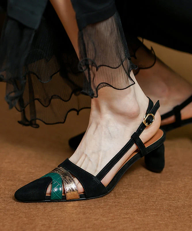 Green Hollow Out Sandals Chunky Heel Suede French Splicing - Image 4