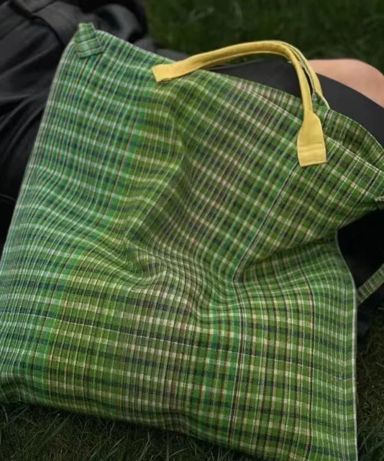 Green Plaid Large Capacity Canvas Tote Handbag - Image 3