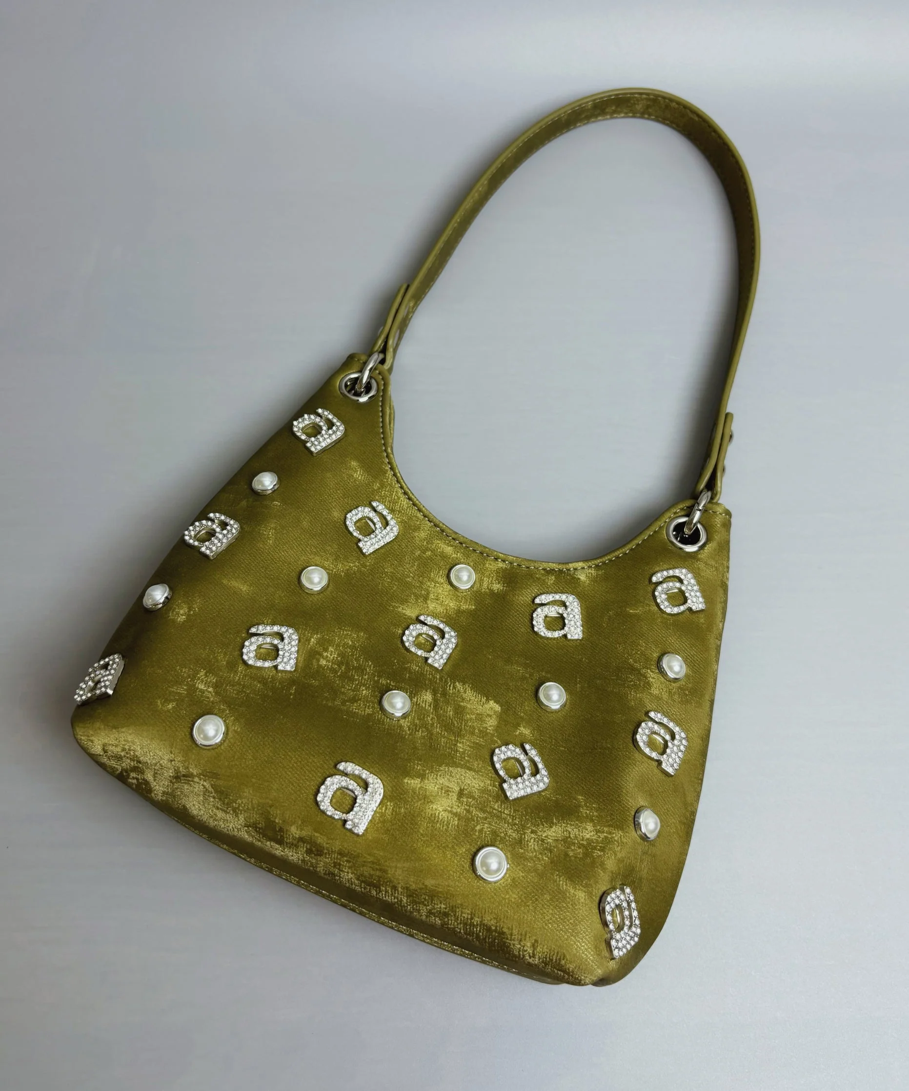 Green Silk Rhinestone Letter Shoulder Bag - Image 3