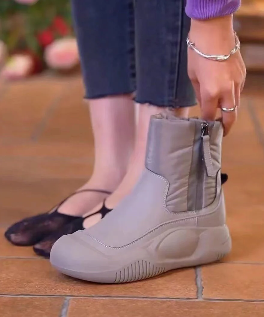 Grey Zippered Chic Splicing Boots Fuzzy Wool Lined - Image 4
