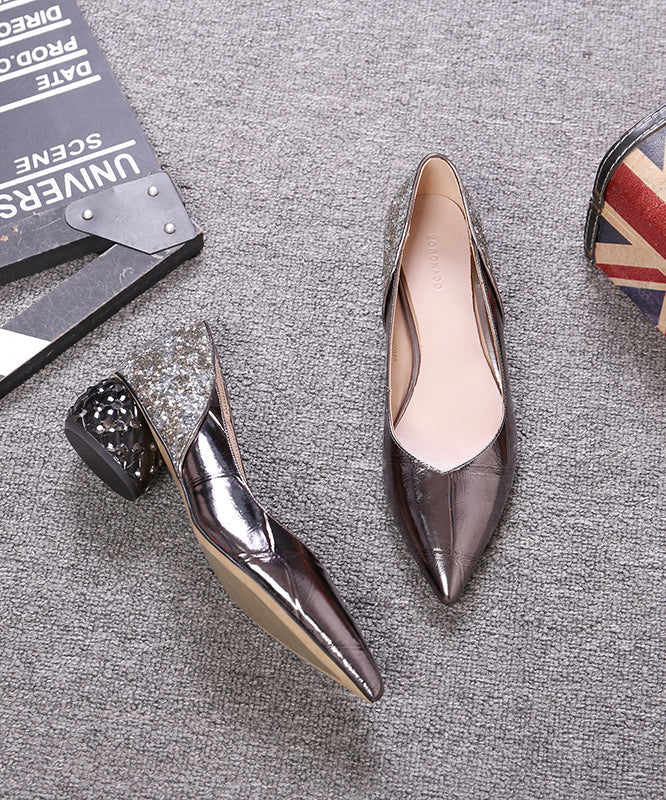 Gun Color Cowhide Leather Zircon Chunky Heels Splicing Pointed Toe - Image 3