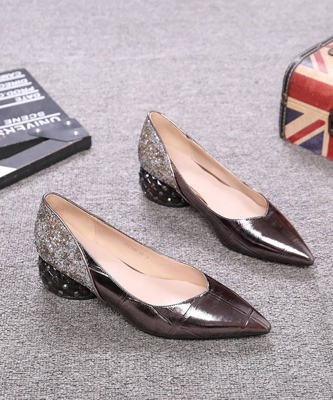 Gun Color Cowhide Leather Zircon Chunky Heels Splicing Pointed Toe - Image 4