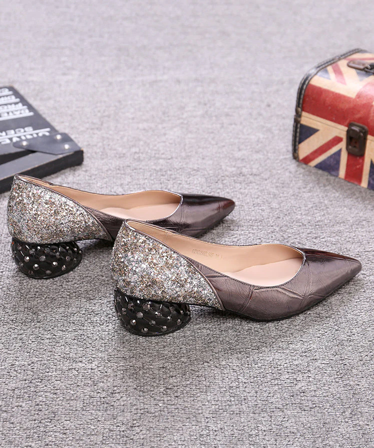 Gun Color Cowhide Leather Zircon Chunky Heels Splicing Pointed Toe - Image 5