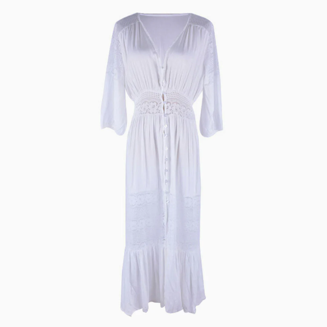 Deep V Button Up Sleeved Lace Panel Midi Cover Up - White - Image 2