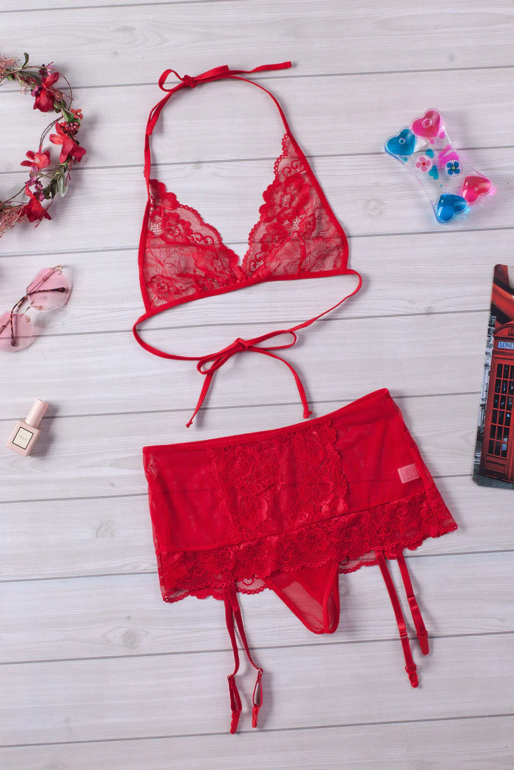 Halter Backless Crochet Lace 3Pcs Lingerie Set - Image 31